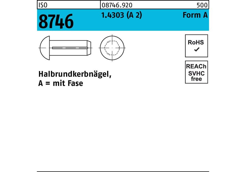 Рейхер Хальбрундкербнагель ISO 8746, диаметр 3 x 4 1.4303 (A 2) ISO 8746