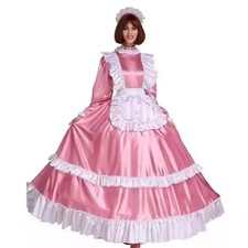 Pink Satin Victorian Maid Costume Ruffled Dress Apron Headpiece Halloween Outfit