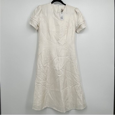 Lisou Camile 100% Silk A Line Skater Short Sleeve Dress Off White Women NEW 4