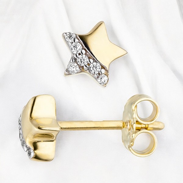 Kinder Ohrstecker Stern 375 Gold Gelbgold 12 Zirk. Ohrringe Sternohrstecker-image