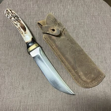 Vintage, Unbranded, USA, Handmade File Knife, Heavy, Stag, Orig. Sheath