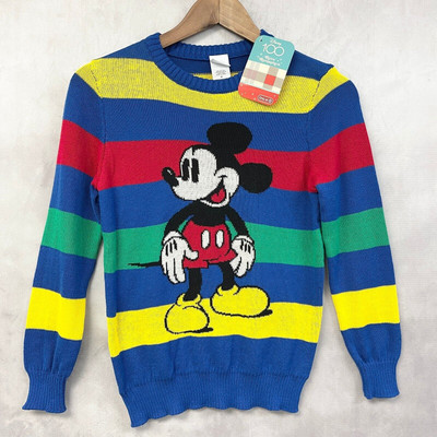 Disney 100 Mickey Mouse Sweater Youth Medium Rainbow Stripe Nebula Blue Retro