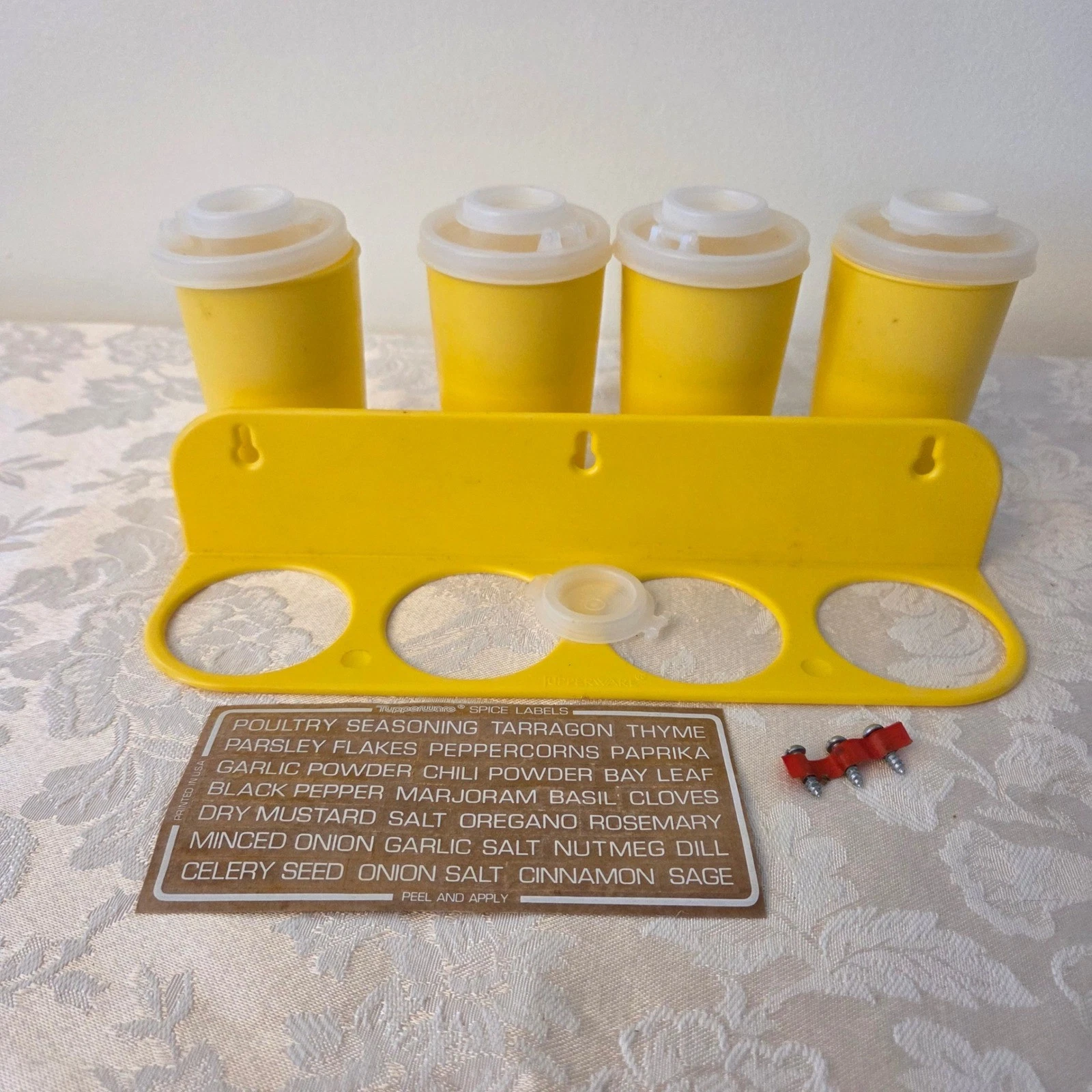 Vintage Tupperware Spice Rack Yellow Wall Mount 4 Jars Labels USA Kitchen NOS