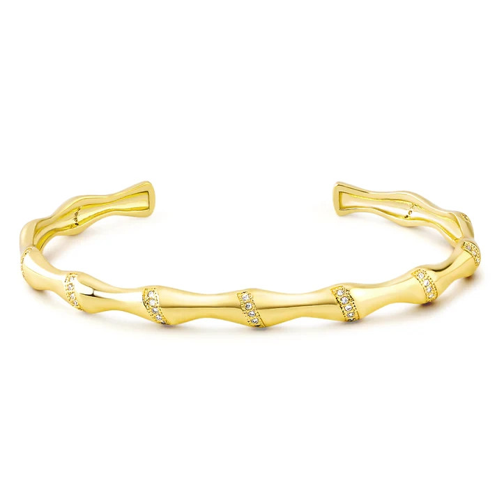Pulsera de oro amarillo 14K en bambú para mujer con acento de diamante