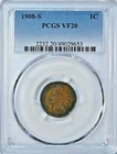 1908 S INDIAN HEAD Cent PCGS Graded VF20 Very Fine 20 Coin 2232