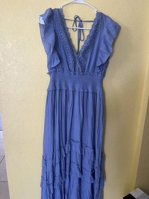 Kings Road Blue Ruffled Tiered Smocked Waist Tie neck Women s Dress Size S/M