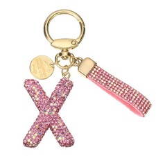 Initial Letter Keychain Cute Letter-X Sparkly Rhinestone Key Chain Charm Pink