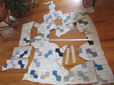 Vintage Antique Cutter Quilt Topper pieces with many Blues Scrap Or Craft  D11