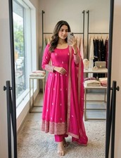 Pink Chinnon Silk Salwar Kameez With Dupatta For Wedding  Party Wear
