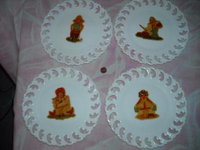 Lot of Four Vintage Milk Glass Plates with Decals, Lovely Lace Edge