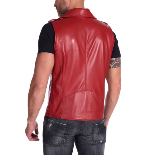 Vest Leather Biker Men's Men Motorcycle Jacket Sleeveless Style Real Son Red 3 - Picture 2 of 3