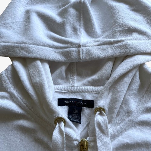 Vintage Y2K Women's Tommy Hilfiger White Velour Hooded Jacket, Crushed Velvet - Picture 2 of 9