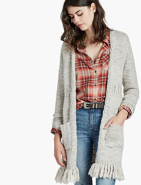 $129 NWT LUCKY BRAND SzM FRINGE OPEN FRONT WOOL CARDIGAN SWEATER NATURAL