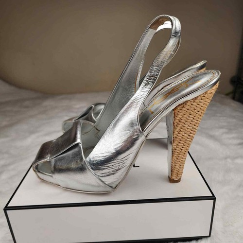 YSL Yves Saint Laurent Sino 105 Silver Slingback Rafia Heels 38.5 Women's Vtg. - Picture 5 of 7