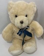Teddy Bear Plush cream beige stuffed animal blue silver ribbon bow