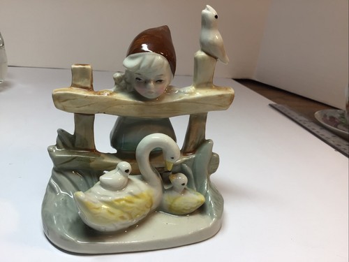 Vintage Porcelain Girl with Geese Swan Figurine Bird Looking Over A Fence 4.5" - Picture 2 of 8