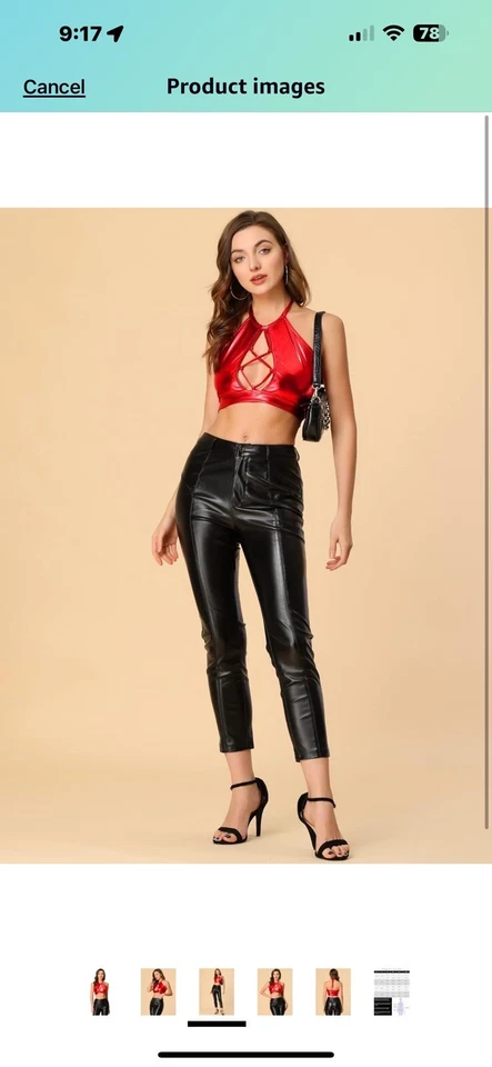 Allegra K Metallic Crop Top for Women Christmas Shiny Sleeveless Cut Out Top Red - Image 3 of 4
