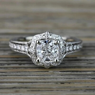 1930s Antique 2Ct White Cushion Diamond Engagement Ring 14K White Gold FN Ring