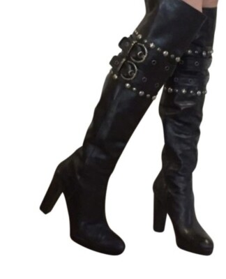 $650 Women's Sz 38.5 Stuart Weitzman Carnaby Leather OTK Boots - Black