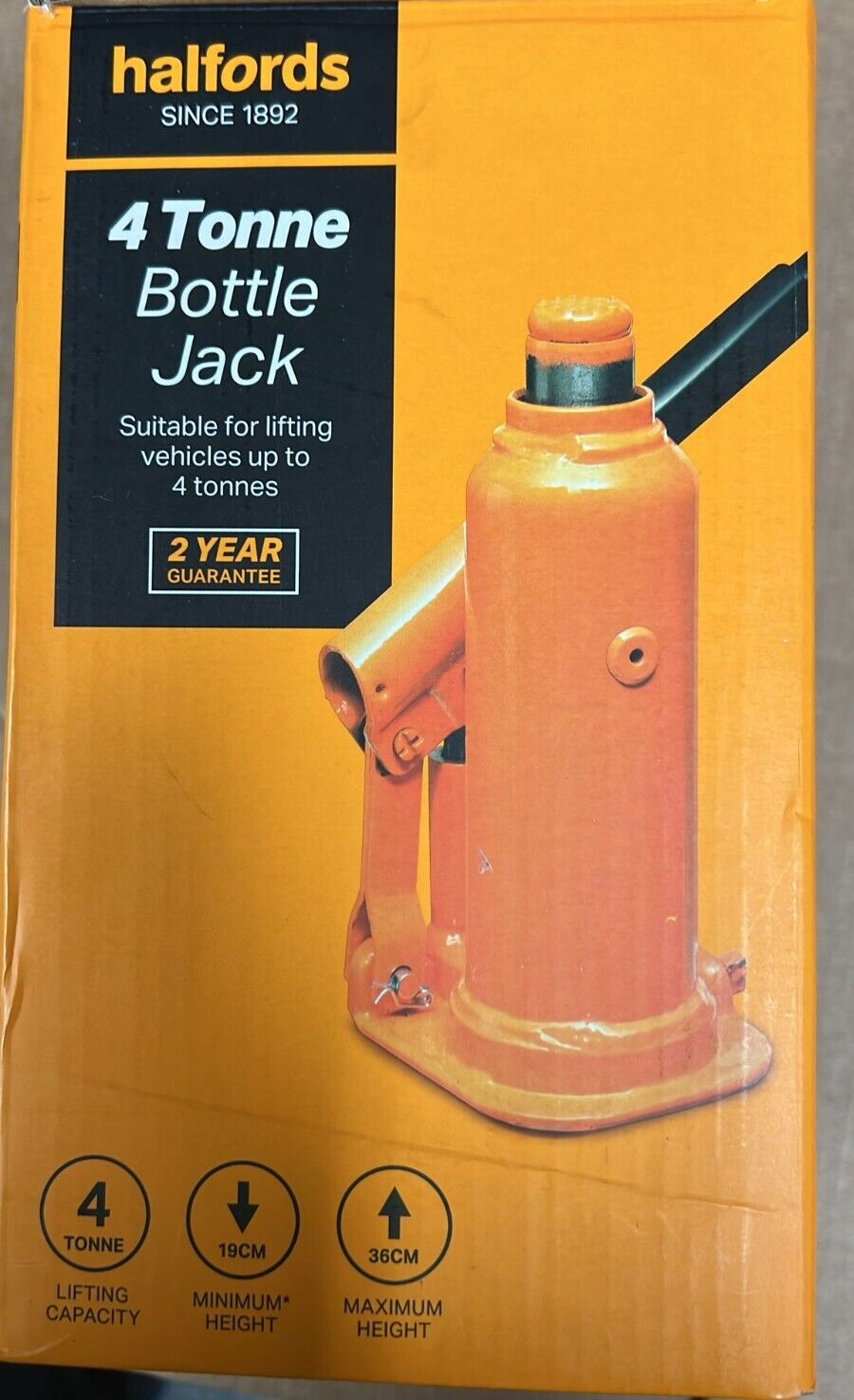 Halfords 4 Tonne Bottle Jack vehicle heavy duty 36cm high hydraulic