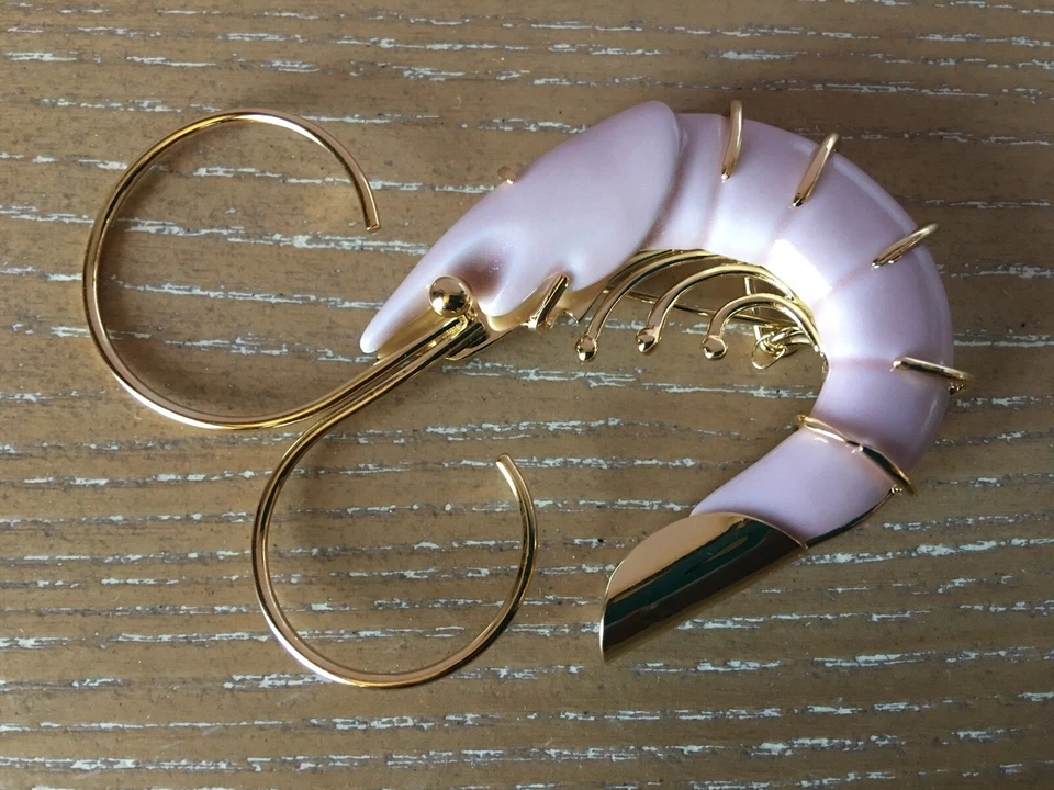Andres Gallardo Shrimp Seafood Brooch Pin 18K Gold Plated Brass Porcelain Large