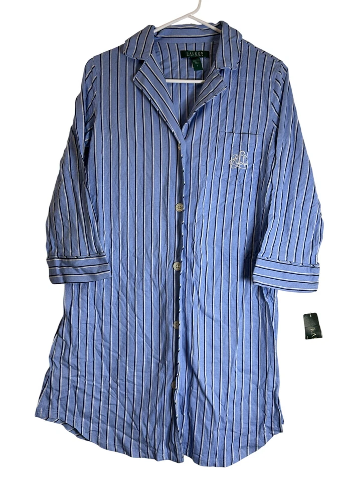 NWT Lauren Ralph Lauren S Blue White Stripe Cotton Pullover Night Gown Sleep Shi - Image 2 of 4
