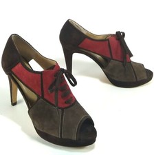 Vaneli Van Eli Platform Pumps Size 9 M Red Brown Suede Peep Toe Lace Up 4" Heels