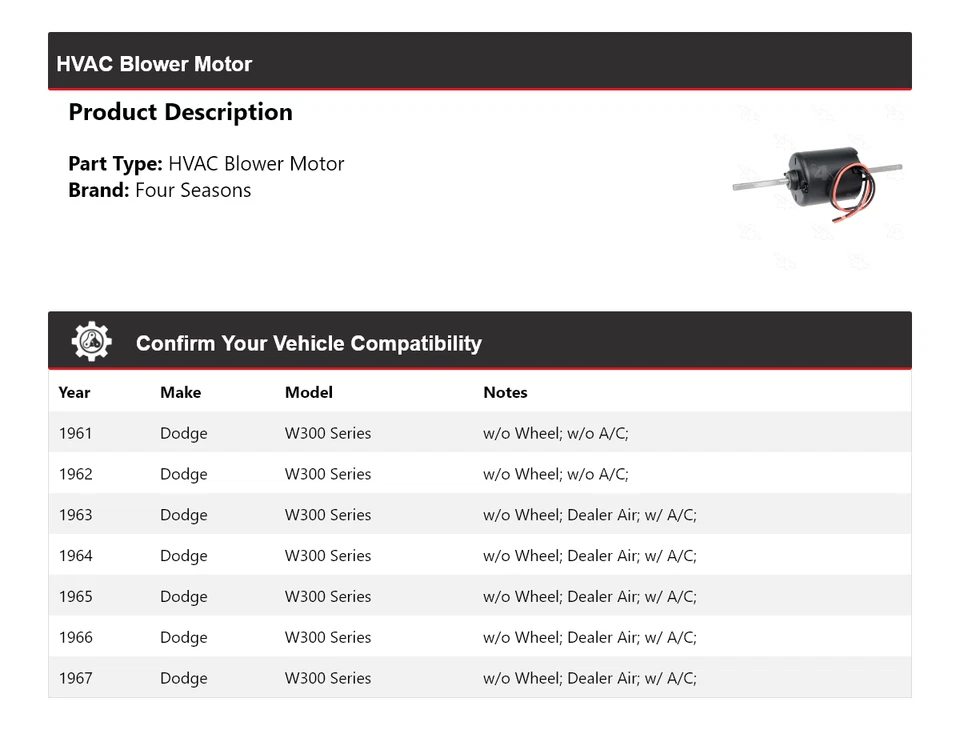 适用于 1961 - 1967 道奇 W300 系列暖通空调鼓风机电机 4 季 1962 1963 1965 — 第 2/4 张图片