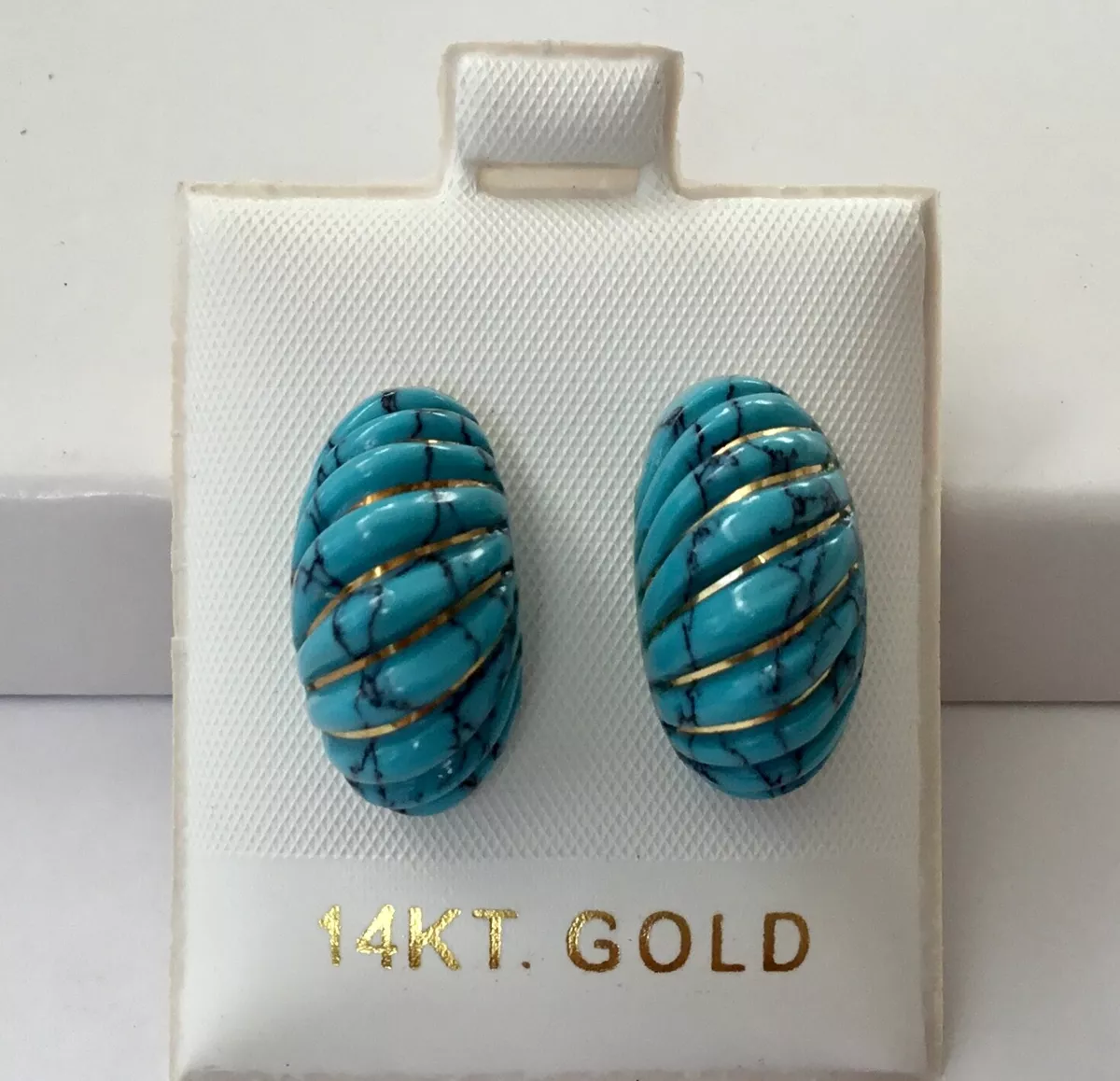 Solid 14K Yellow Gold Natural Turquoise Dome Earrings NEW eBay