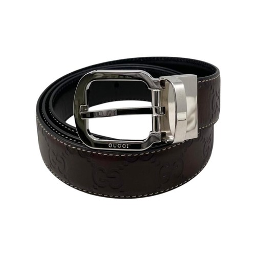 Used Gucci belt striped leather 162940 logo brown silver hardware GUCCI