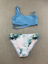 Marble 2 PC Bikini 1 Shoulder Swimsuit Girl Youth 15-16Y Soft Blue White Cut Out