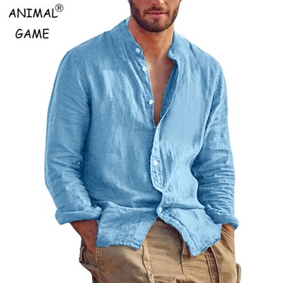 Men's Solid Color Stand Collar Long Sleeve Casual Lightweight Beach Shirt Gift