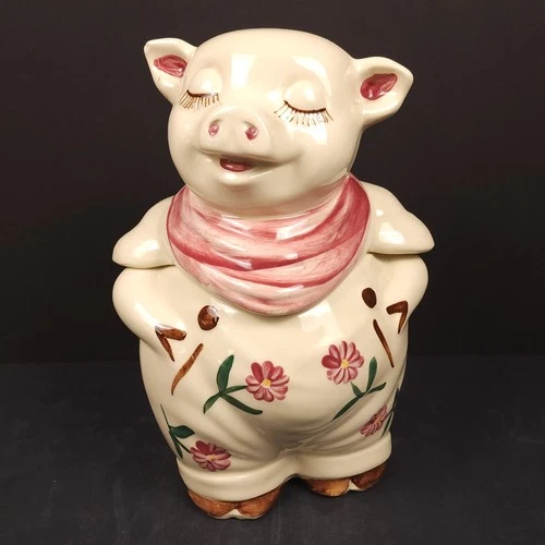 Vintage 1940's Shawnee Pottery Smiley Pig Cookie Jar Pink Chrysanthemums Scarf