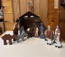 VTG Handmade Nativity Scene With Manger Folk Art 14 Piece Stunning L@@K