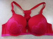 Cacique Boost Plunge Front Close Racerback Lace Overlay Red Hot Pink Bra 44C