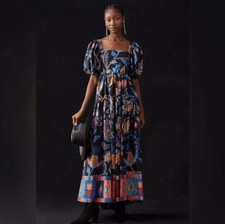 NWOT Farm Rio Puff-Sleeve Multicolor Print Maxi Dress SIZE S