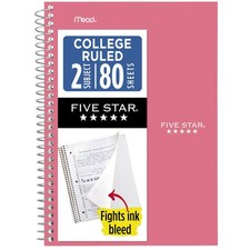 2 Subject Spiral Notebook College Ruled 80 Sheets Pink Water Resistant Cover