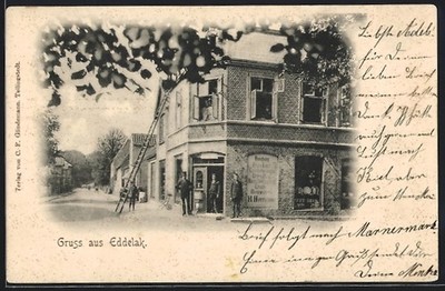 Ansichtskarte Eddelak, Straßeneck an der Handlung von H. Herrmann 1900 