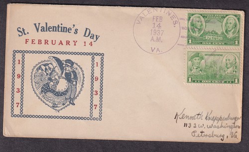 14. Februar 1937 Valentinstag Gütesiegel Brief Valentinstag Virginia nach Petersburg VA