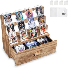 Trading Card Display, 3-Tier Trading Card Storage with Custom Drawer, Wood Grade