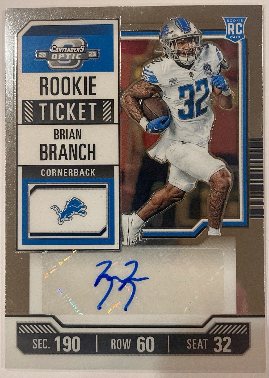 Brian Branch 2023 Panini Contenders Optic Rookie Ticket Holo Auto RC #148 Lions