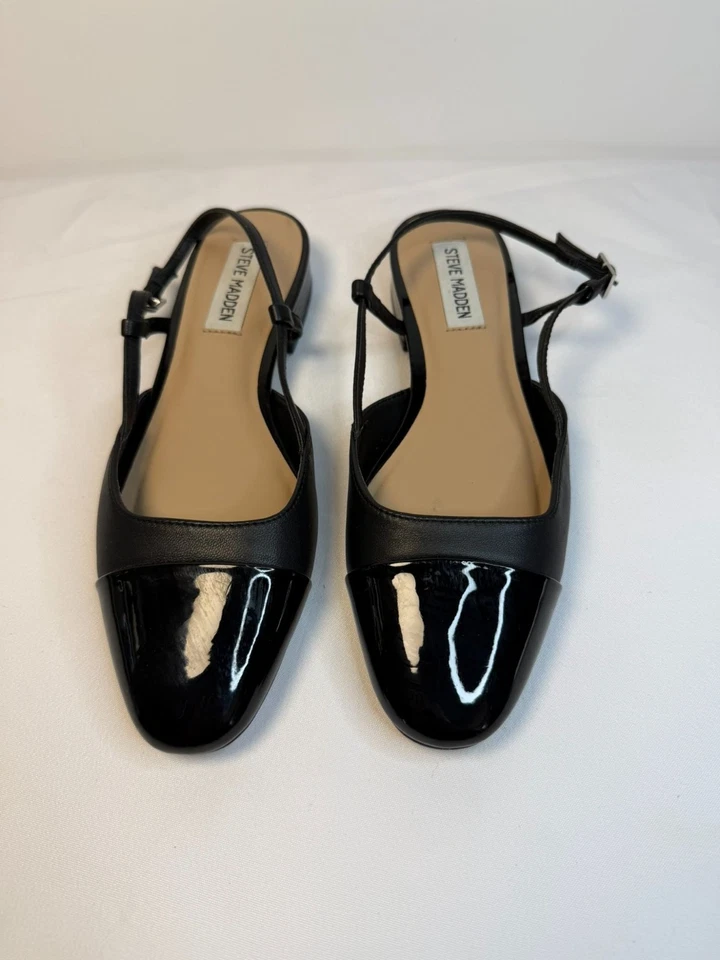 Steve Madden Belinda Flats Black Size 7 Cap Toe Leather Slingback Low Heel Shoes - Image 2 of 4