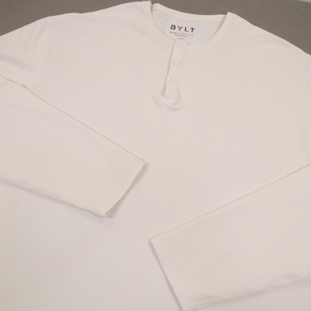 BYLT Henley Shirt Mens 2XL White Drop Cut Long Sleeve Lux Stretch Tee Basic