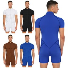 Men's Workout Rompers Bodysuit Front Zip Short Sleeve Leotard Jumpsuit Swimsuit