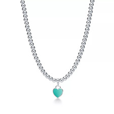 Return Tiffany Co. Blue Enamel Heart Charm & Beaded necklace 925 Sterling Silver