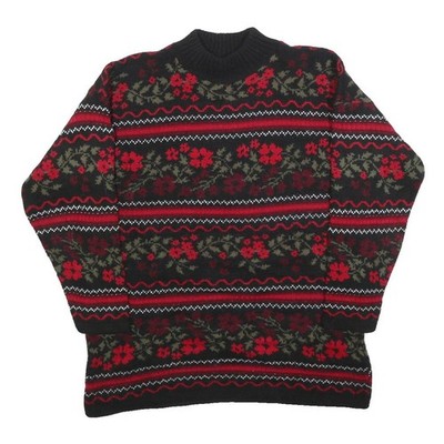 BASIC EDITIONS Damen Pullover schwarz & rot Blumenmuster Rundhals Basic Strick