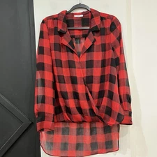 Bar III Plaid Sheer Hi Low Blouse Metallic Glitter Surplice Festive Medium