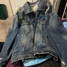 Celebrity Pink Distressed Blue Denim Jean Jacket Button Collared Pockets Women