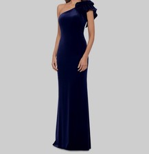 Betsy & Adam Women Blue Asymmetric Lined Ruffle Sleeveless Velvet Gown Dress-10