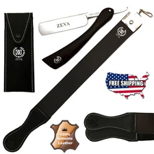 ZEVA Wood Handle Straight Razor, Leather Sharpening Strap Strop 3 Pc Shaving Set